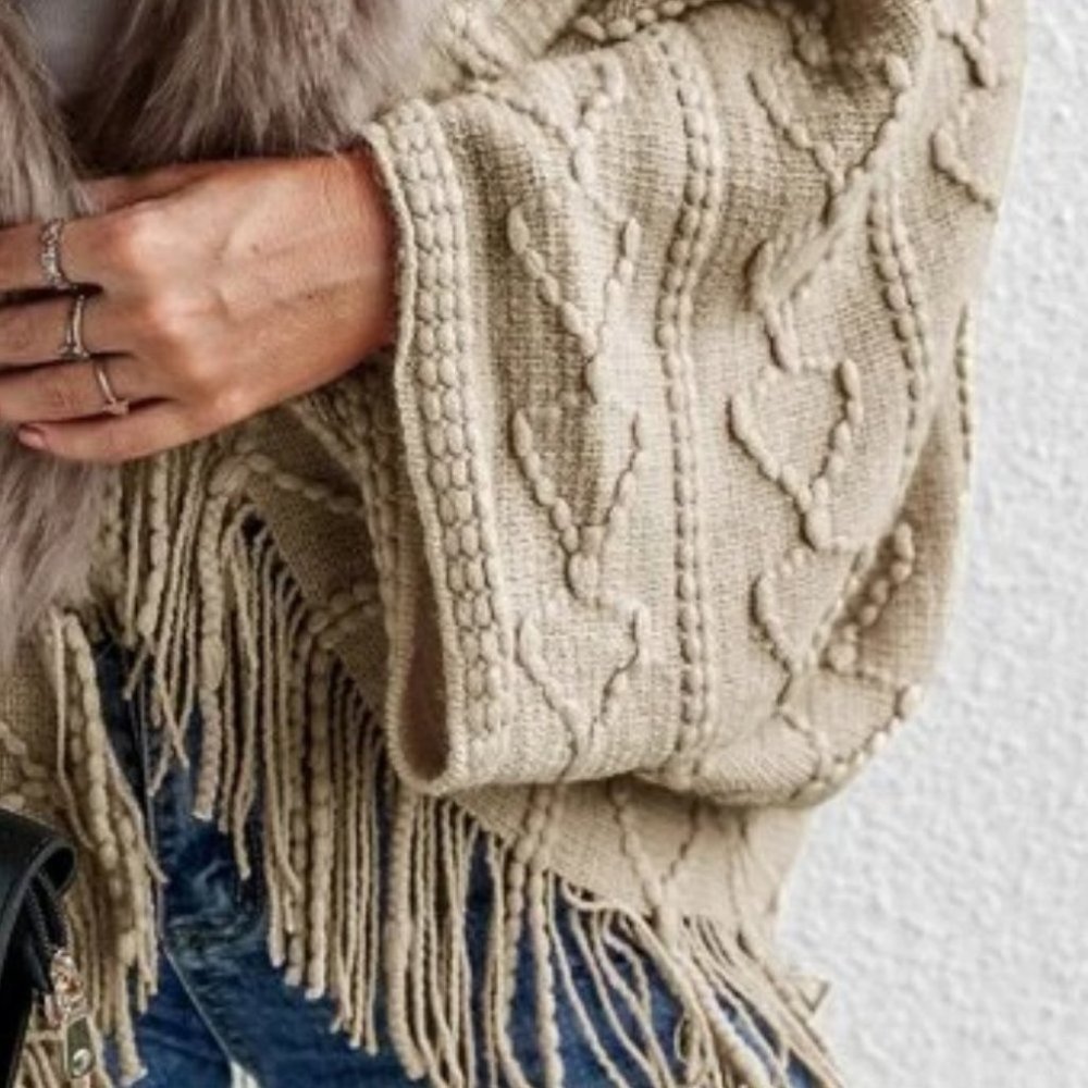 Faux fur Trim Textured Knit  Open front Sweater Cardigan Khaki - Picture 6 of 9